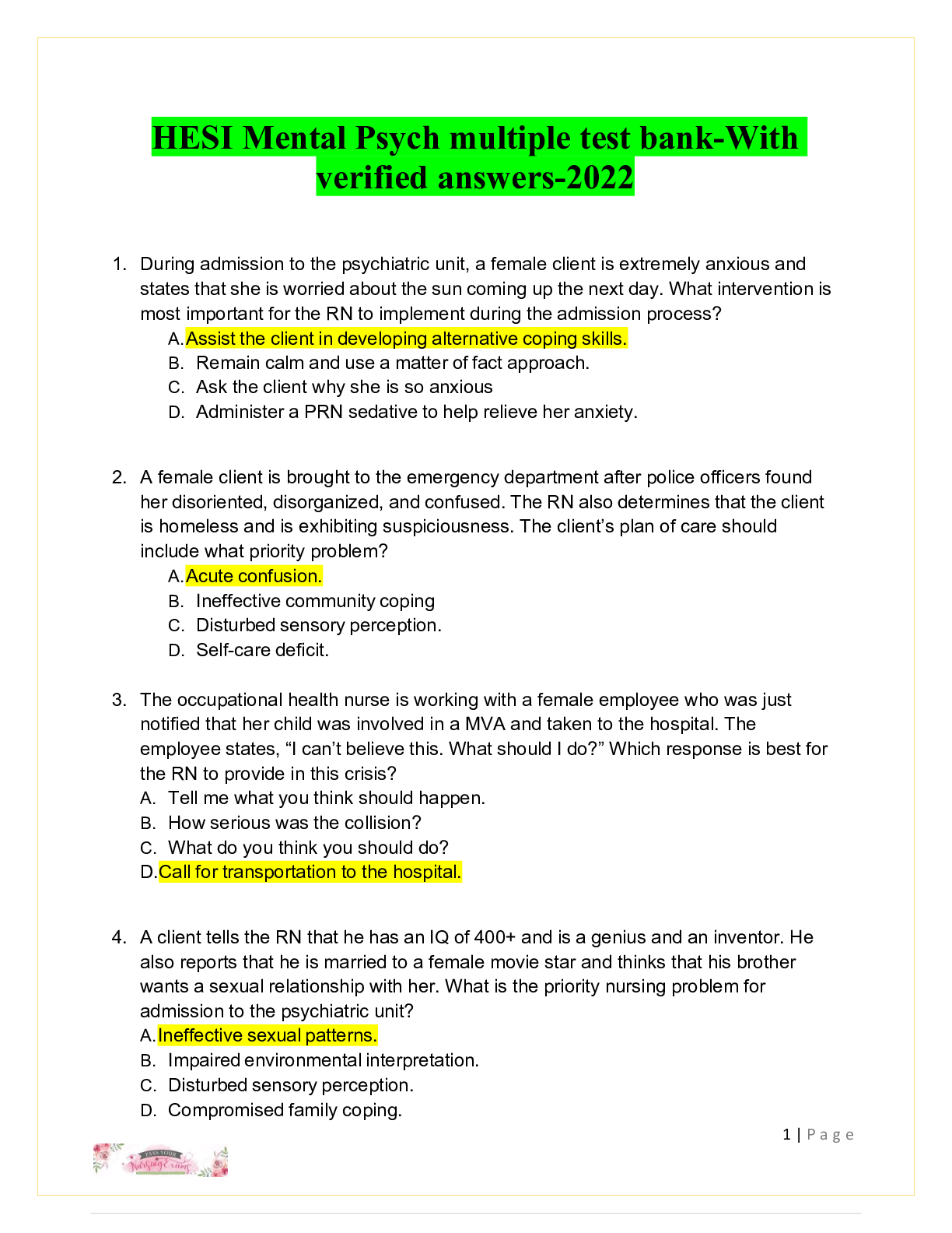 Preview image for HESI Mental Psych multiple test bank-With verified answers-2022